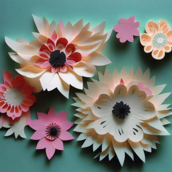 Paper flowers cut out of colored paper.