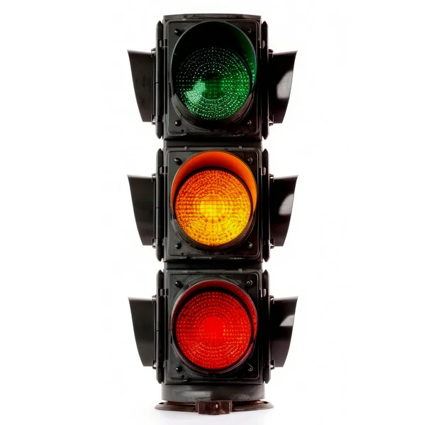 Trafikljuset Isolerat Vit Bakgrund Alla Tre Ljusen Trafikljuset Tända — Stockfoto