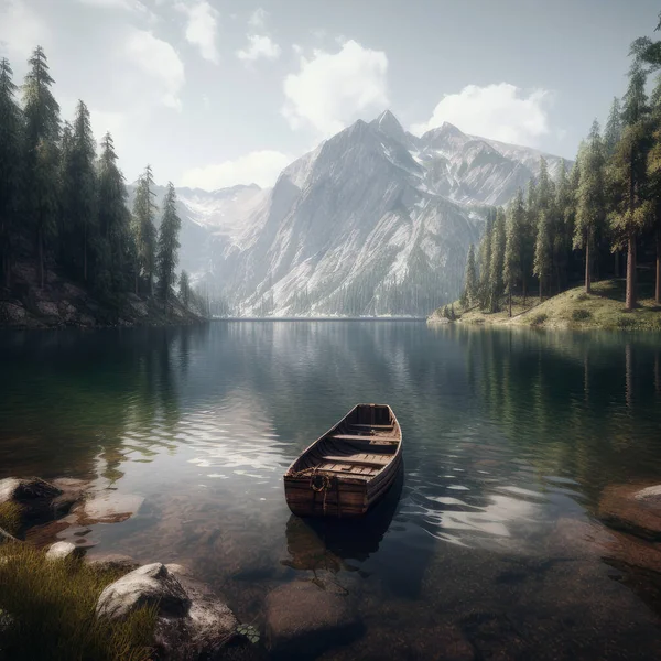 stock image A picturesque lake in the mountains with an old boat