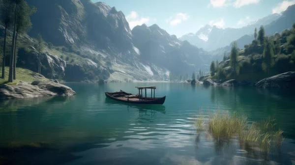 Ein Malerischer See Den Bergen Mit Einem Alten Boot — Stockfoto