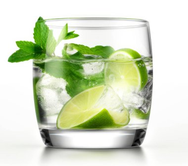 Beyaz arka planda bir bardak mojito kokteyli.
