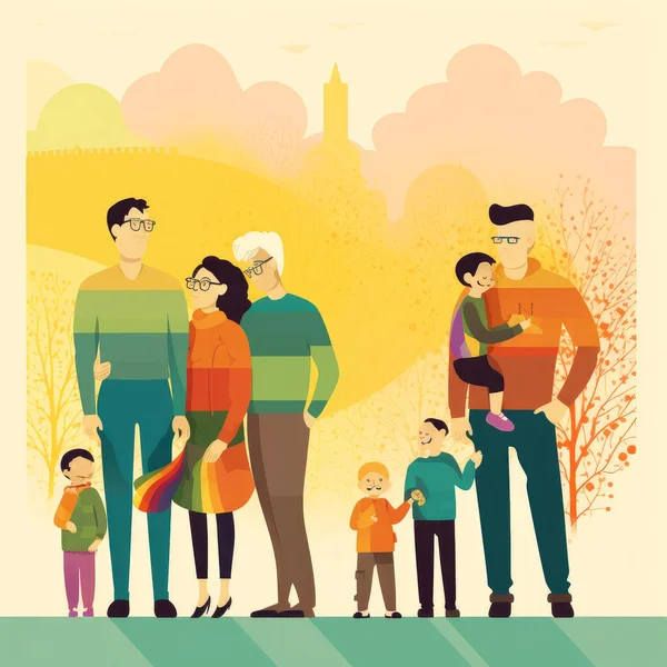 Pride Illustration Friendly Lgbt Families Moms Dads Kids Who Stand — Stock Photo, Image