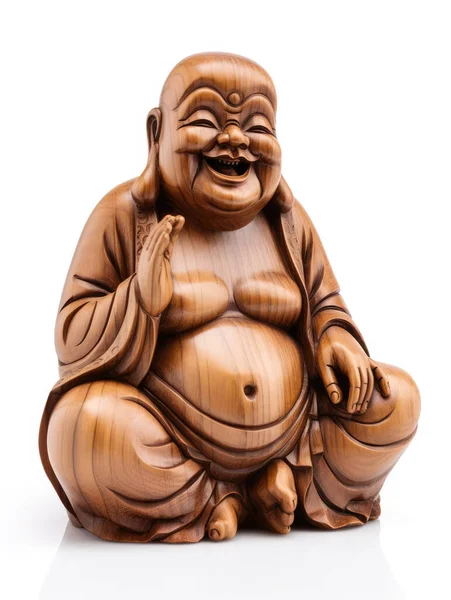 Happy Houten Boeddha Geïsoleerd Een Witte Achtergrond — Stockfoto