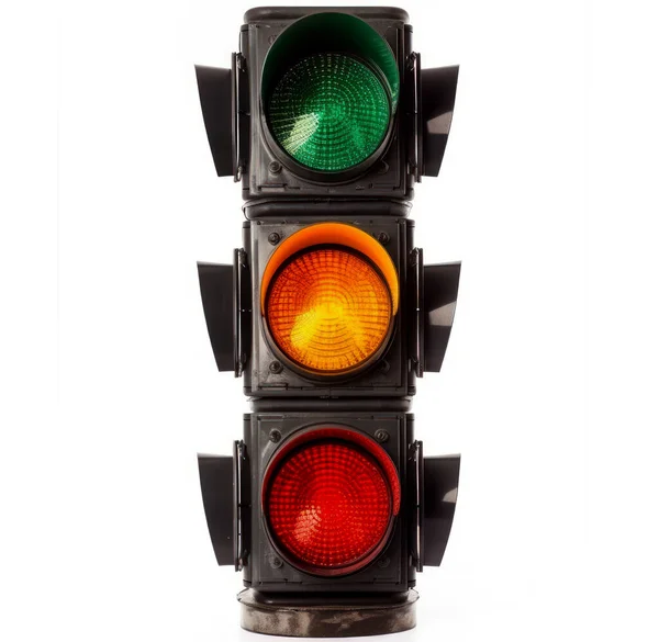 Közlekedési Lámpa Fehér Alapon Van Elszigetelve Mindhárom Lámpa Közlekedési Lámpán — Stock Fotó