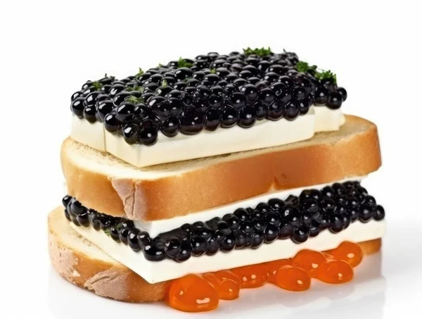 Delicioso Sándwich Caviar Negro Aislado Sobre Fondo Blanco — Foto de Stock