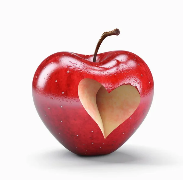 Czerwone Jabłko Wyciętą Skórką Kształcie Serca Białym Tle — Zdjęcie stockowe
