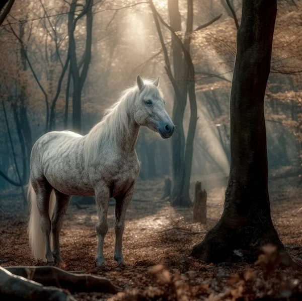 Дикий Білий Кінь Осінньому Лісі — стокове фото