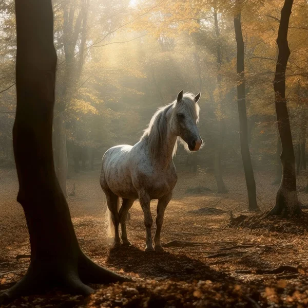 秋の森の中の野生の白馬 — ストック写真