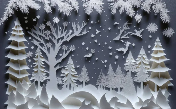 Zimní Vánoční Krajina Vystřižená Papíru Pozdrav — Stock fotografie