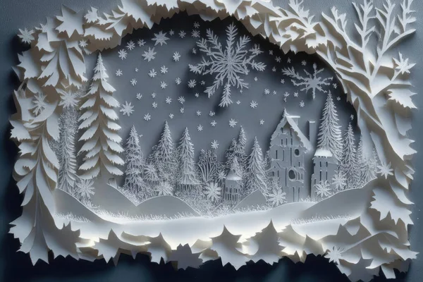 Winter Christmas Landscape Cut Out Paper Greeting Card — Stock Photo, Image