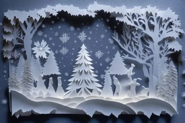 Winter Christmas Landscape Cut Out Paper Greeting Card — Stock Photo, Image