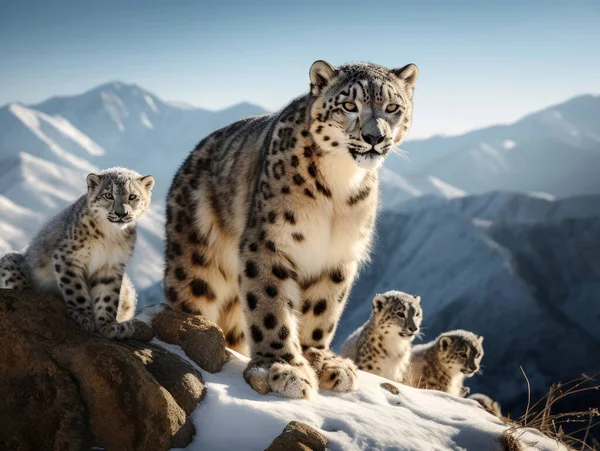 Lampart Śnieżny Irbis Panthera Uncia Dziećmi Jest Dużym Kotem Zamieszkującym — Zdjęcie stockowe