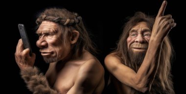 Gerçekçi, sevimli Neandertaller şaşırmış yüzlerle selfie çekiyorlar.