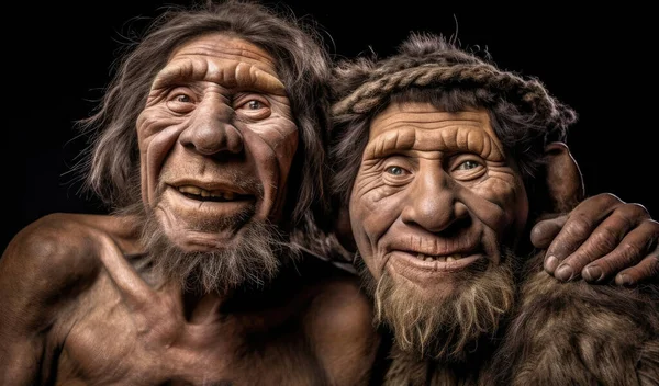 Realistyczne Śmieszne Słodkie Neandertalczycy Selfie Zaskoczonych Twarzy — Zdjęcie stockowe