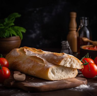 Ciabatta 'nın iştah açıcı kesimi masanın üzerindeki kesme tahtasında..