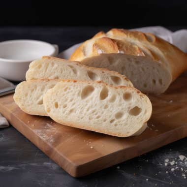 Ciabatta ekmeği tahta kesme tahtasıyla dilimlenmiş.