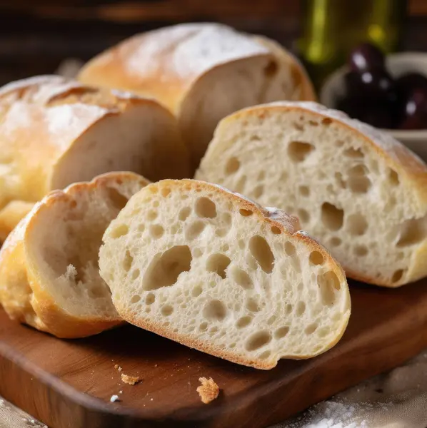 stock image Ciabatta bread cut into slices on a wooden cutting board