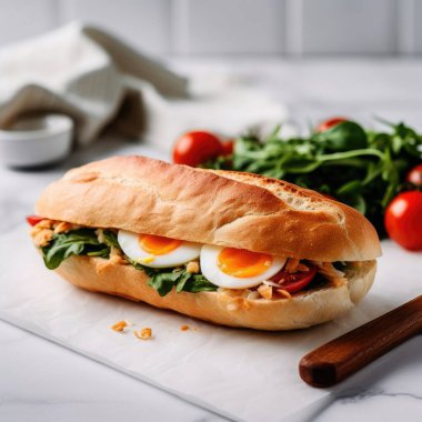 Ciabatta ekmeğinin yumurtalı sandviçi.