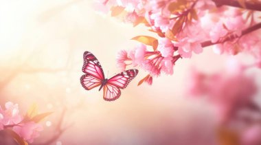 Pembe çiçekli ve kelebekli bahar arkaplanı. Çiçek açan ağaç ve güneş ışığıyla güzel bir doğa sahnesi