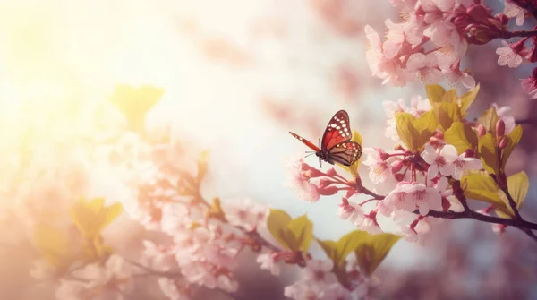 Spring Background Pink Blossom Fly Butterfly Beautiful Nature Scene Blooming — Stock Photo, Image