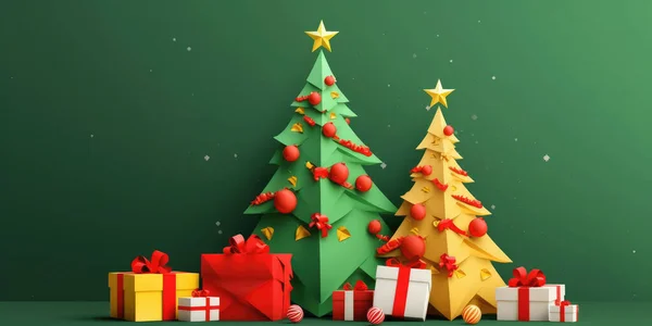 Χριστουγεννιάτικο Δέντρο Και Χριστουγεννιάτικα Δώρα Χριστουγεννιάτικο Πανό Ευχετήρια Κάρτα Σχεδιασμού — Φωτογραφία Αρχείου