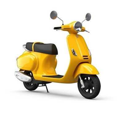 Beyaz arkaplanda sarı elektrikli scooter izole edildi