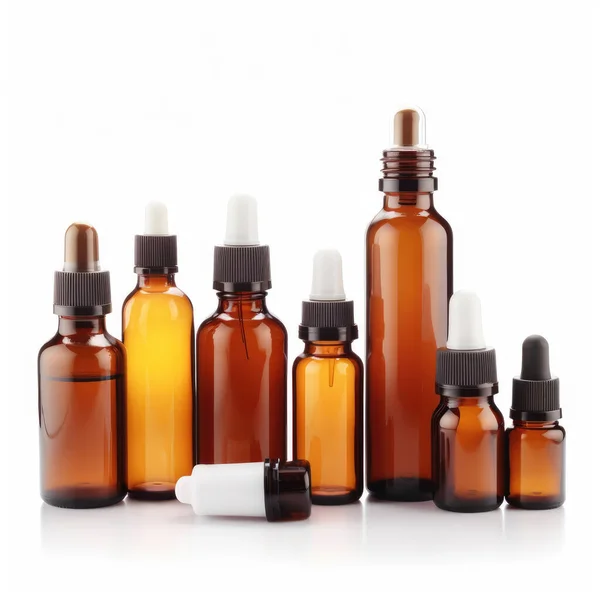 Varias Botellas Vidrio Ámbar Para Cosméticos Medicina Natural Aceites Esenciales —  Fotos de Stock
