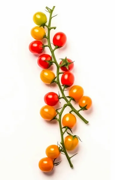Rote Und Gelbe Kirschtomaten Auf Einem Zweig Isoliert Auf Weißem — Stockfoto