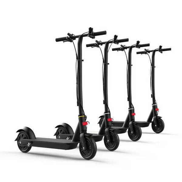 Electric Scooters Standing Row Parking Lot White Background Stock Image