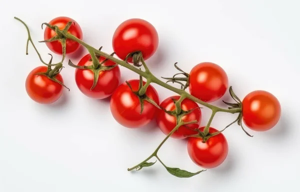 Tomates Cereja Vermelhos Galho Isolado Fundo Branco Vista Superior — Fotografia de Stock