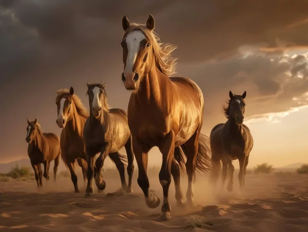 Paarden Vrij Rennen Woestijn Storm Tegen Zonsondergang Hemel — Stockfoto