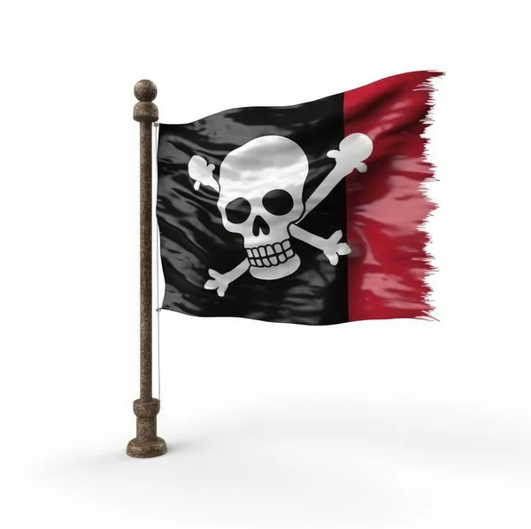 Flaga Piratów Czaszką Kośćmi Maszcie Flagowym Nad Białym Tłem — Zdjęcie stockowe