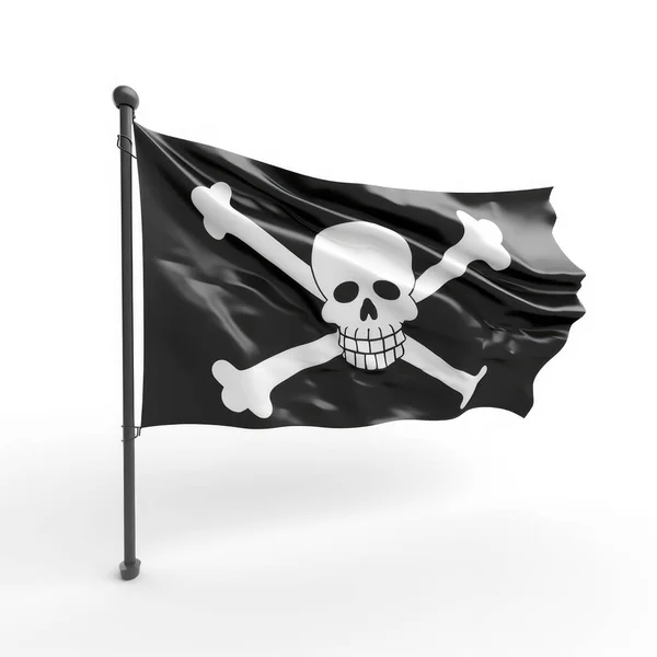 白底旗杆上有骷髅和交叉骨的海盗旗 — 图库照片