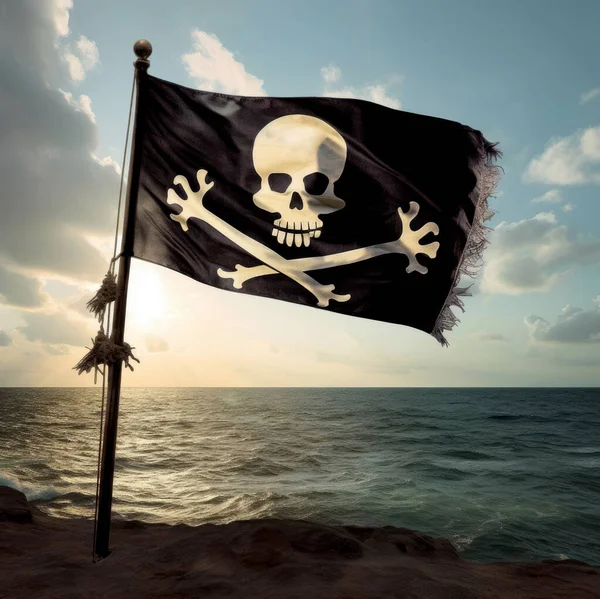 Piratenvlag Met Schedel Kruisbeenderen Een Vlaggenmast Tegen Achtergrond Van Zee — Stockfoto