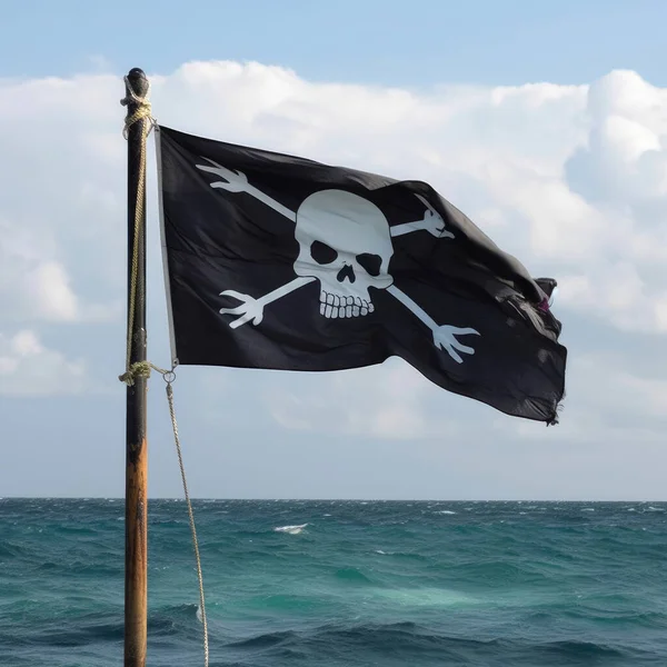 Flaga Piratów Czaszką Kośćmi Maszcie Flagowym Tle Morza — Zdjęcie stockowe