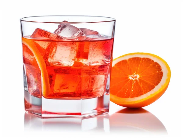 Negroni Cocktail Kristalglas Met Ijsblokjes Sinaasappelschijfje Witte Ondergrond — Stockfoto