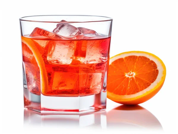 Negroni Cocktail Kristalglas Met Ijsblokjes Sinaasappelschijfje Witte Ondergrond Rechtenvrije Stockfoto's