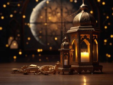 Altın bir fener ve ay ile Ramazan arkaplanı