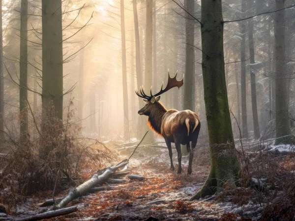 Królewski Jeleń Spacerujący Lesie — Zdjęcie stockowe