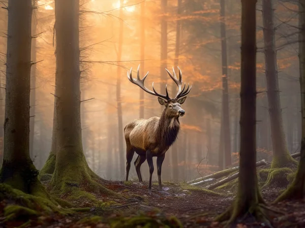 在森林里散步的皇家鹿群 — 图库照片