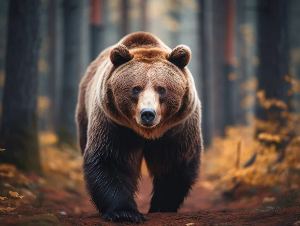 Brown Bear Walking Slowly Forest Stock Picture