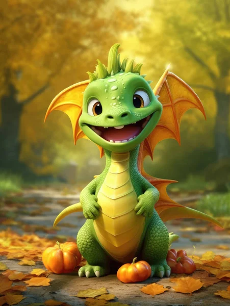 Engraçado Bonito Dragão Verde Temporada Outono Imagem De Stock