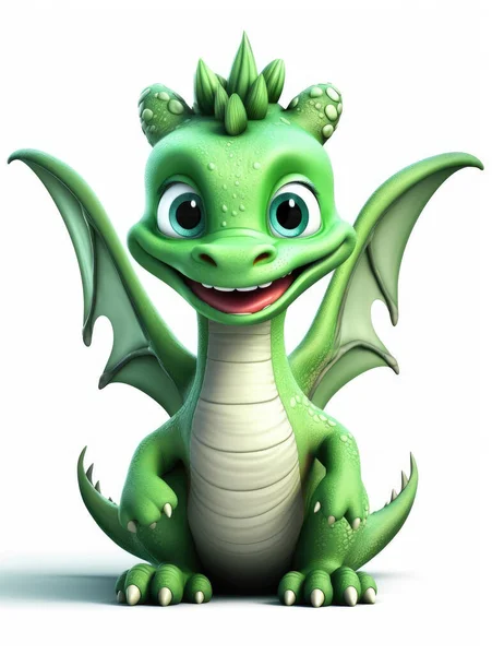 Funny Cute Green Dragon Isolated White Background Stock Image