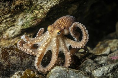 Bir ahtapot, kayalık deniz tabanını keşfederken dokunaçlarını uzatır..