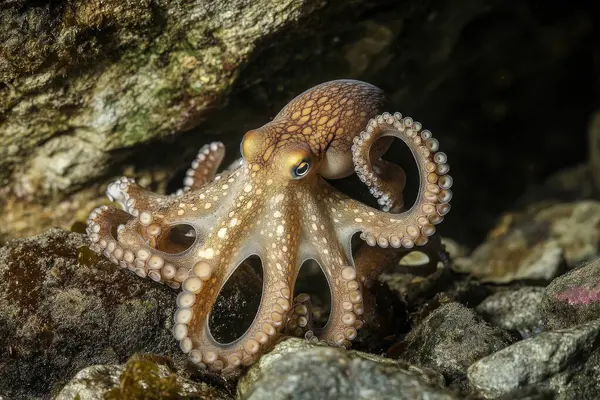 Bir ahtapot, kayalık deniz tabanını keşfederken dokunaçlarını uzatır..