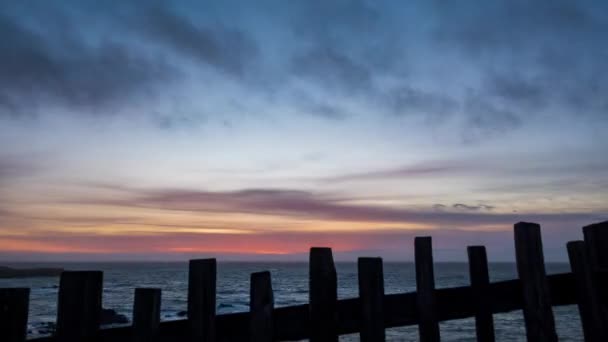 Beautiful Fire Sky Ocean Sunset Wooden Fence Timelapse — Stock Video