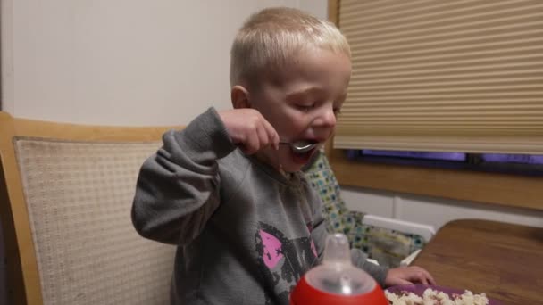 若い幼児は台所のテーブルで単独で食事を食べ スローモーションハンドヘルド — ストック動画