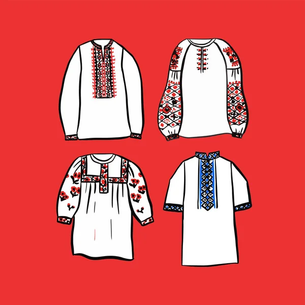 Conjunto Camisas Bordadas Ucrania Ilustración Vectorial Sketch Doodle Ropa Cultural — Vector de stock