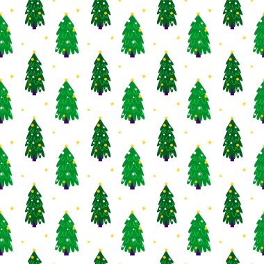 Yeşil Noel Ağacı Kusursuz Şablon. Çizgi Film Biçiminin Vektör İllüstrasyonu Seasonal Tatil Arkaplanı.