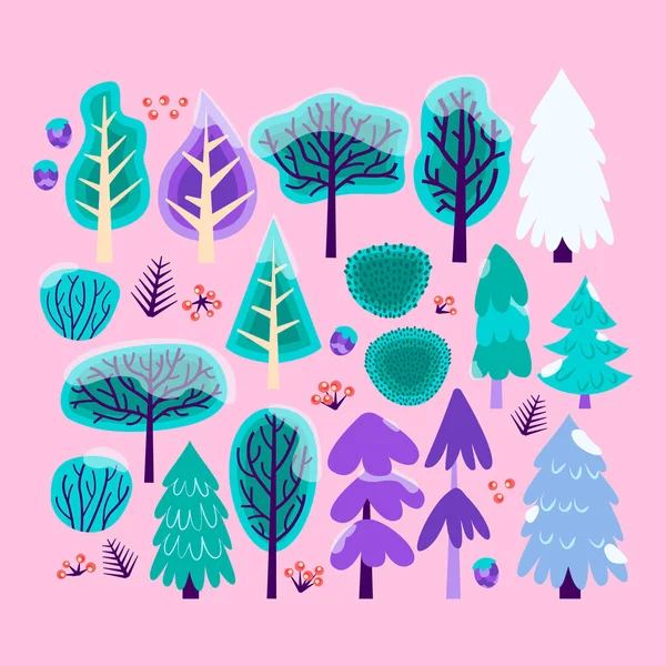 Pink Winter Christmas Tree Set Ilustração Vetorial Plantas Arbustos Natureza — Vetor de Stock